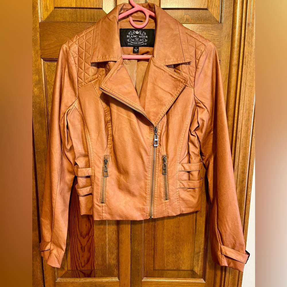 Nordstrom’s Blanc Noir large brown moto jacket vegan leather with stretch